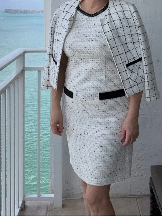 Karl Lagerfeld Tweed Dress Suit Set Size 8 Black White Chanel Style - Picture 3 of 8